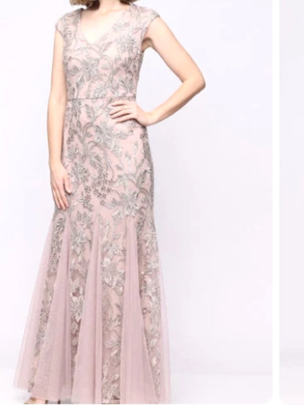 Alex Evenings V-Neck Floor-Length Tulle Evening Gown Beaded Embellishments 10 P